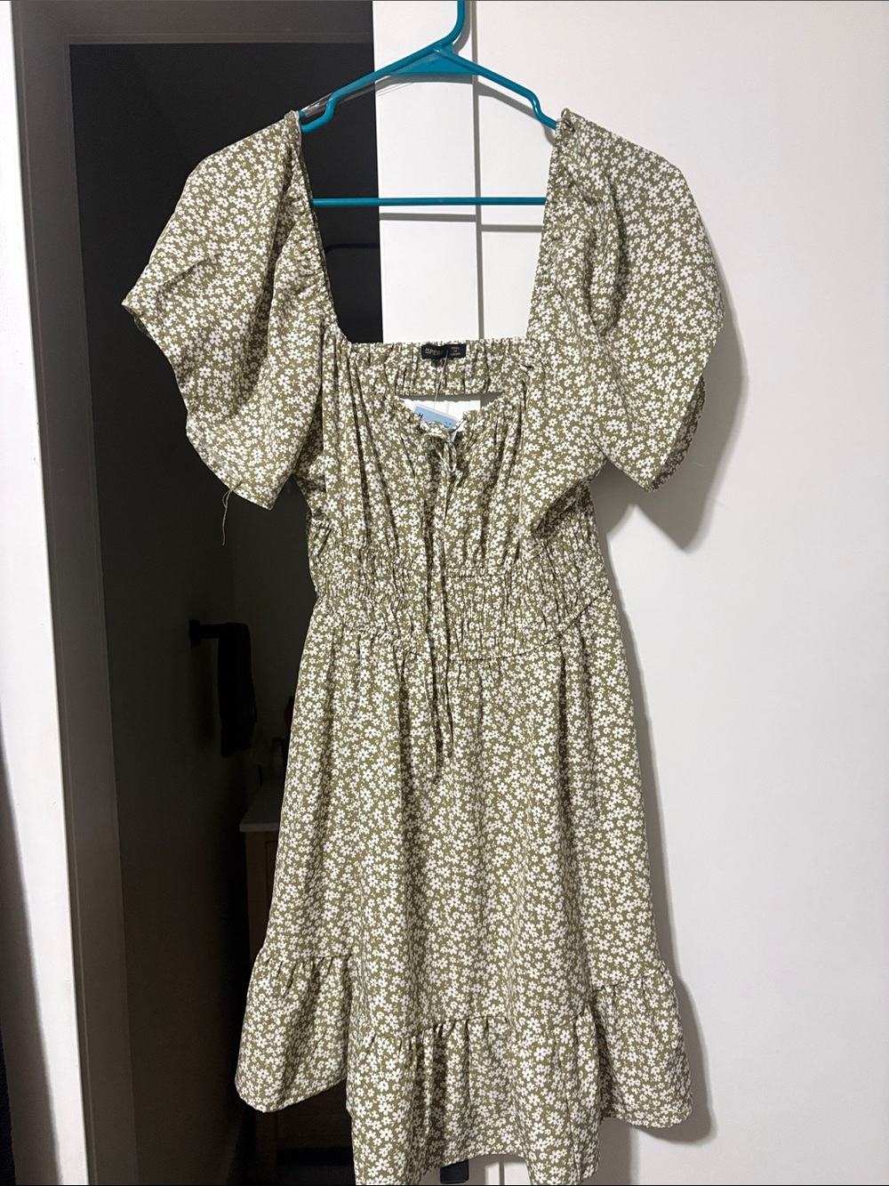 Olive Floral Puff-Sleeve Smocked Waist Dress